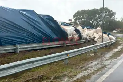 Un camión cargado de algodón volcó en plena lluvia en el Acceso Norte: ¿qué pasó con el conductor?