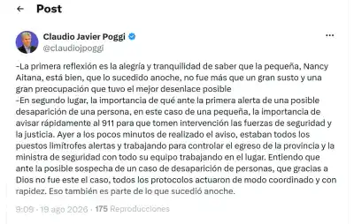 El desenlace que conmocionó a San Luis: el mensaje de Poggi tras el final feliz de Nancy Aitana