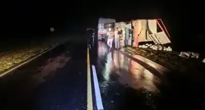 Un camión cargado con carbón volcó en plena noche y el conductor salió ileso