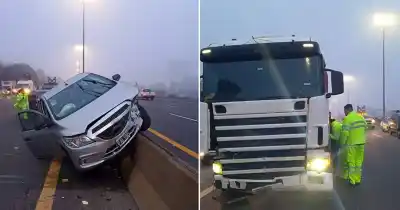 Un camión trepó un auto en la Autopista: el tránsito colapsó y la bronca explotó