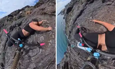 Segundos de terror: el escalofriante momento en que una ciclista estuvo al borde del abismo