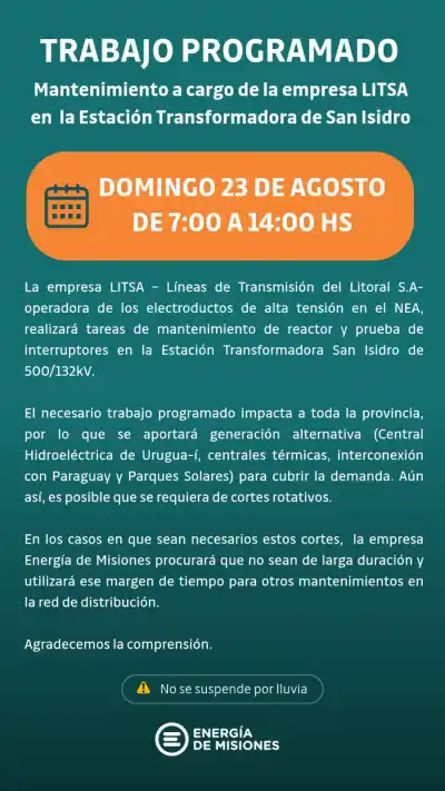 Cortes de luz y riesgo en el agua: el operativo que complicará a Misiones este domingo
