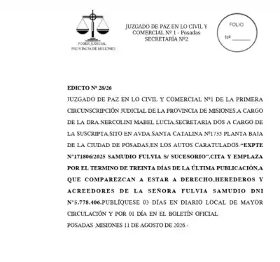El Juzgado de Paz Nº1 busca a los herederos de Fulvia Samudio: la citación que no puede ignorarse