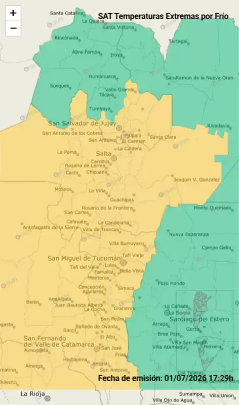 Mapa de temperaturas extremas en Jujuy