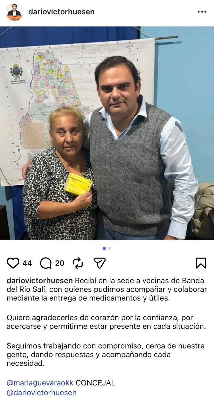 Huesen se arroga la gestión de un medicamento y una vecina de Banda del Río Salí esquiva la mirada a cámara. Foto captura redes