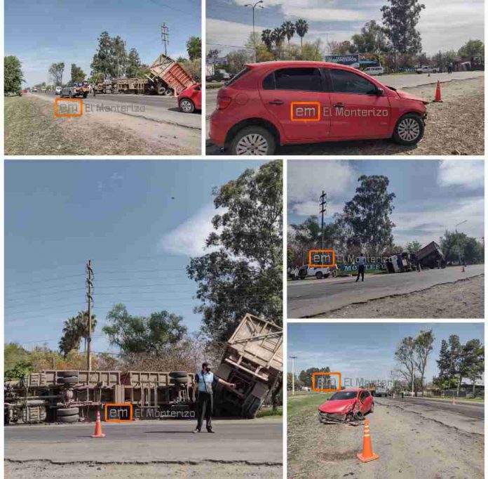 Un camión terminó volcado al ser chocado por un auto en Monteros