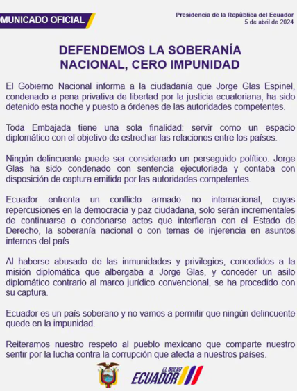 COMUNICADO DE LA PRESIDENCIA DE ECUADOR TRAS LA DETENCION DEL EXPRESIDENTE JORGE GLAS EN LA EMBAJADA DE MEXICO